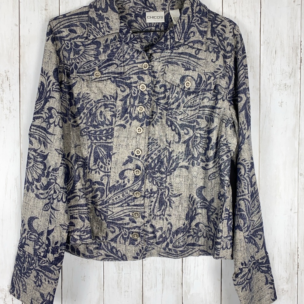 Chico's Linen Blend Blazer Jacket Women's Size 1 (Medium) Gray Blue Floral